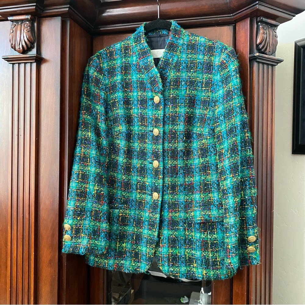Elegance Paris Vintage Tweed Blazer Women’s XS-S Green Multicolor Gold Buttons
